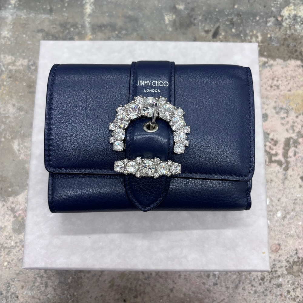 Jimmy Choo Cheri Cosmos Leather CZ Jewel Small Trifold Wallet in Navy Blue